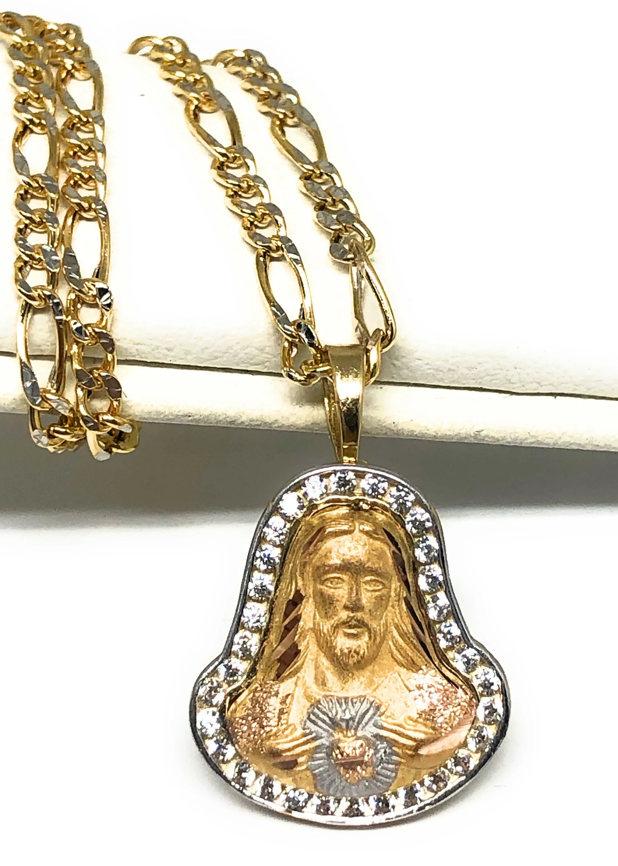 10k Solid Gold Yellow Gold Jesus Sagrado Corazon CZ Pendant Necklace Figaro Chain