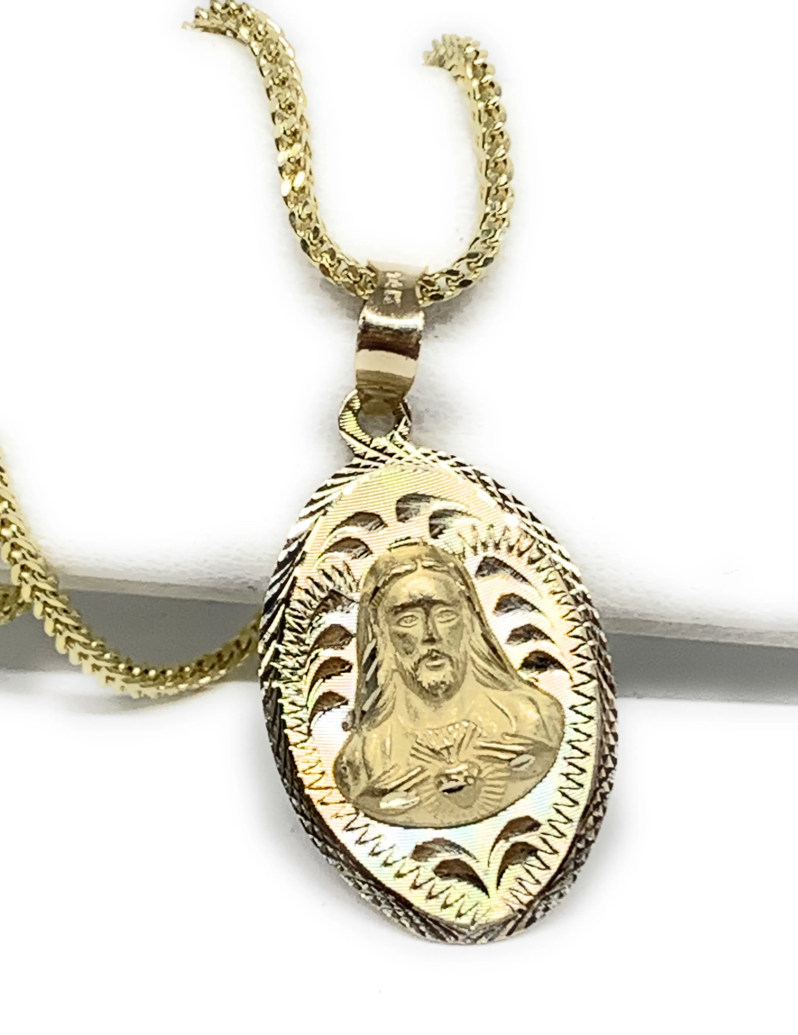 14k Solid Gold Yellow Gold Jesus Sagrado Corazon & Virrgin Mary Double Sided Pendant Necklace