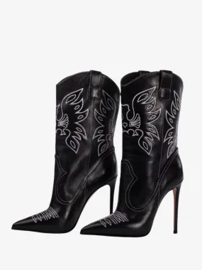 Black Cowgirl Boots Women Pointed Toe Embroidered High Heel Ankle Boots