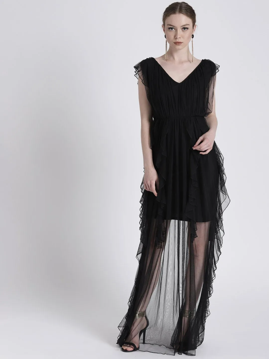 BLACK SHEER DRESS WITH RUFFLE DETAIL