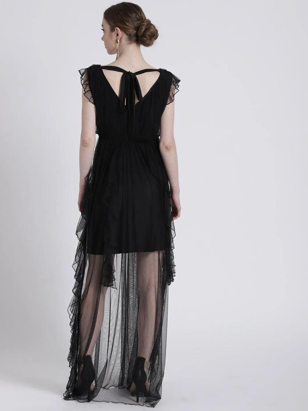 BLACK SHEER DRESS WITH RUFFLE DETAIL