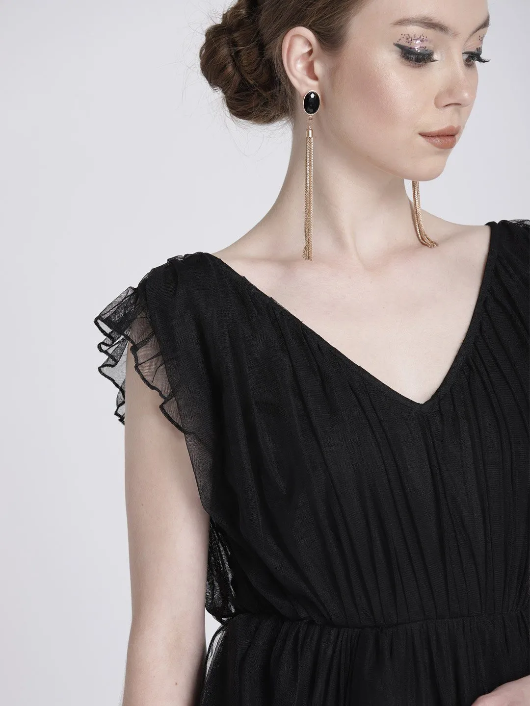 BLACK SHEER DRESS WITH RUFFLE DETAIL