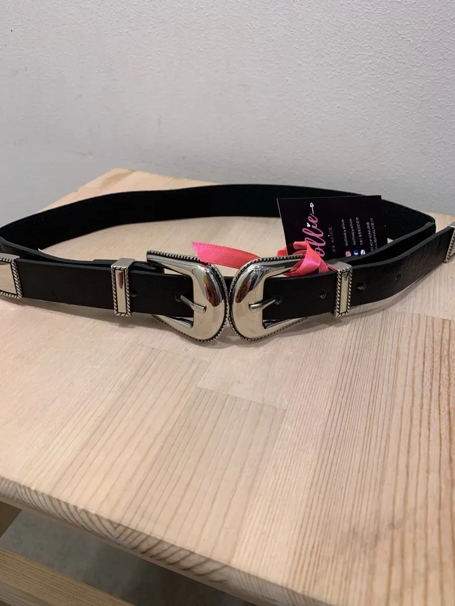 Cintura nera con elastico e doppia fibbia argento