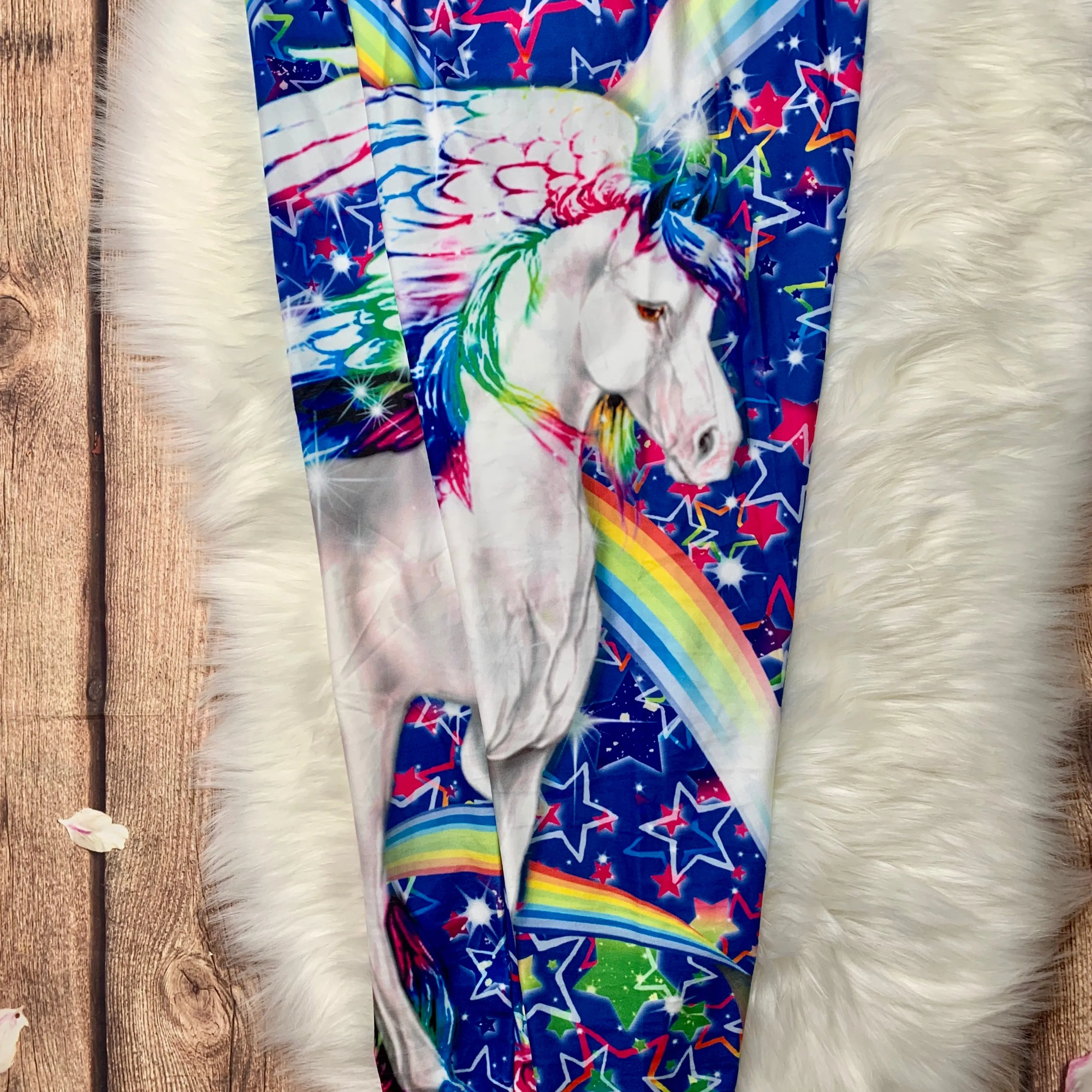 Enchanted Pegasus Rainbow Star Print Blue Leggings - Magical Soft Stretch for Everyday Fantasy