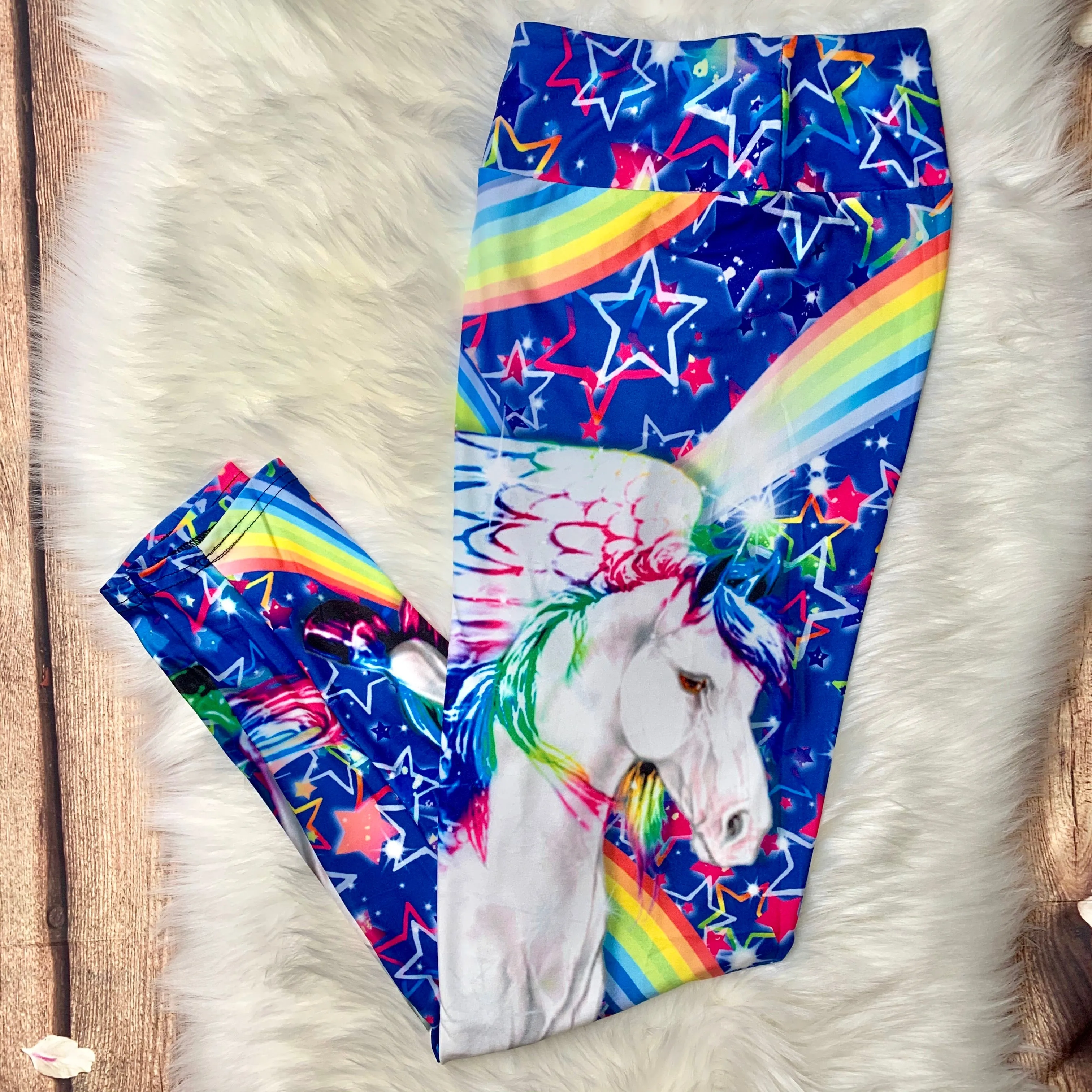 Enchanted Pegasus Rainbow Star Print Blue Leggings - Magical Soft Stretch for Everyday Fantasy