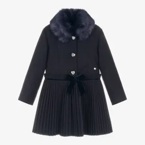 Girls Navy Blue Pleated Coat