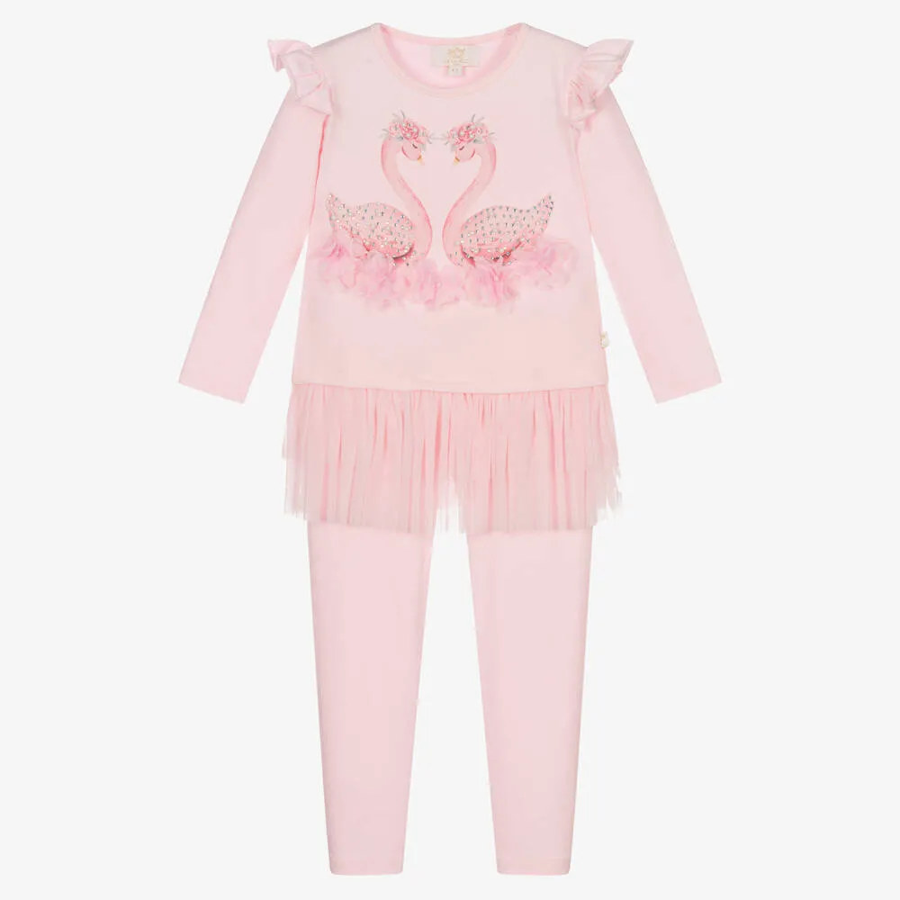 Girls Pink Swans Leggings Set 