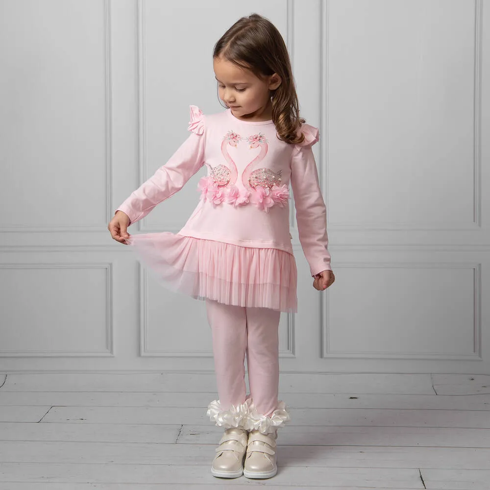 Girls Pink Swans Leggings Set 