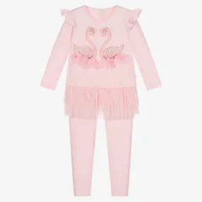 Girls Pink Swans Leggings Set 