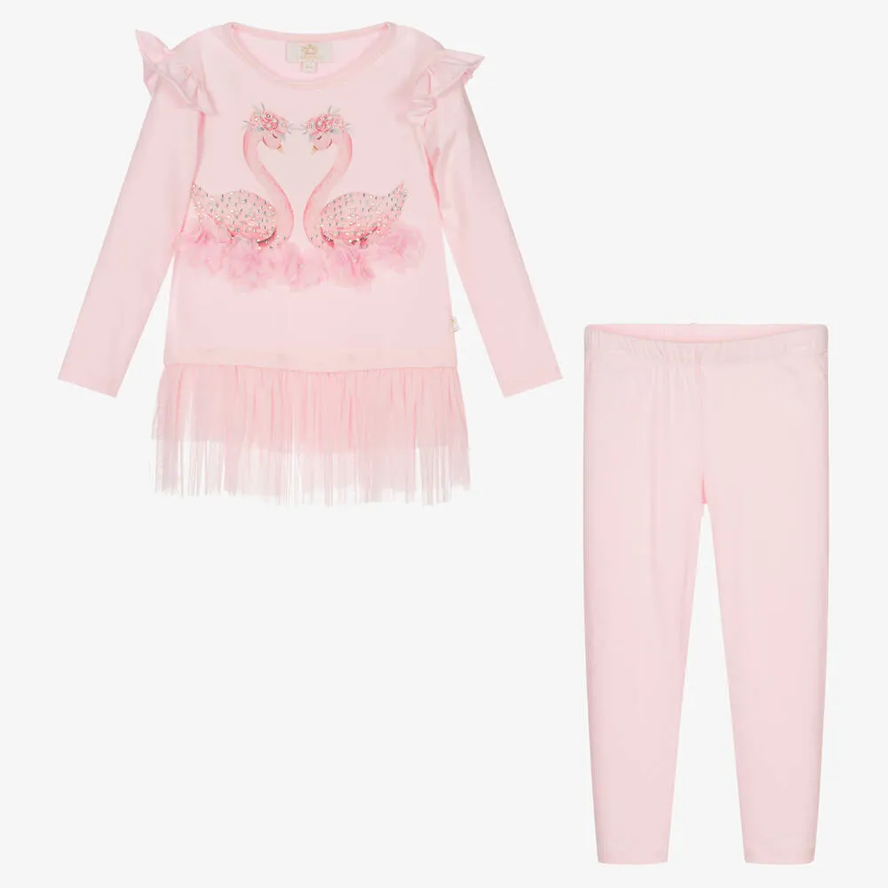 Girls Pink Swans Leggings Set 