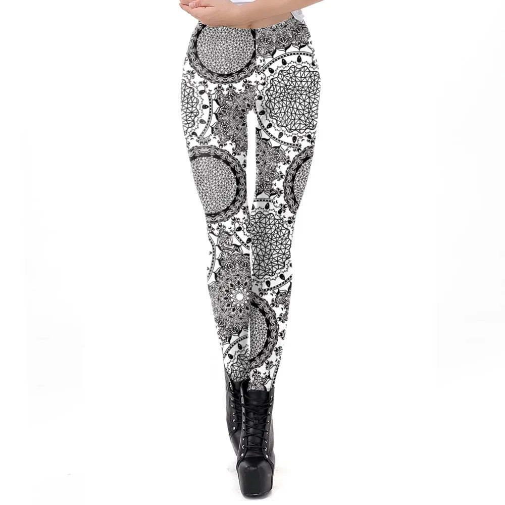 Grey Mandala Leggings Women Flower Digital Print Plus Size Fitness Legging Workout High Waist Slimm Clothing