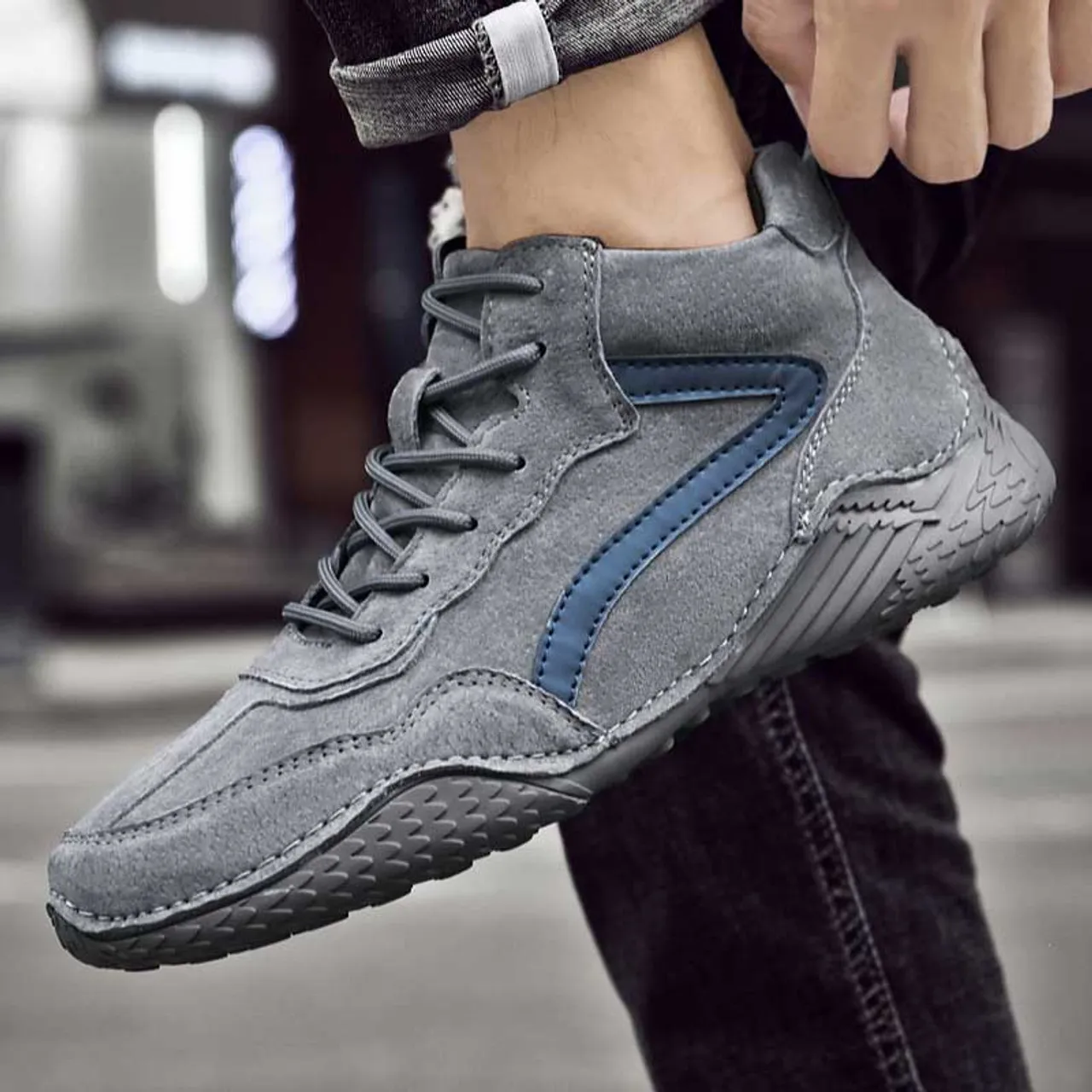 Grey stripe layered accents sport shoe sneaker