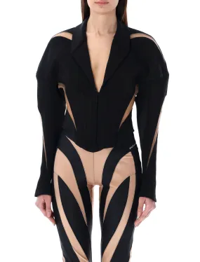 MUGLER Spiral Illusion Jacket - Women's Black Structured Jacket with Sheer Mesh and Corset Detail