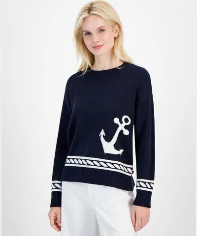 Nautica Jeans Women's Contrast-Anchor Crewneck Sweater