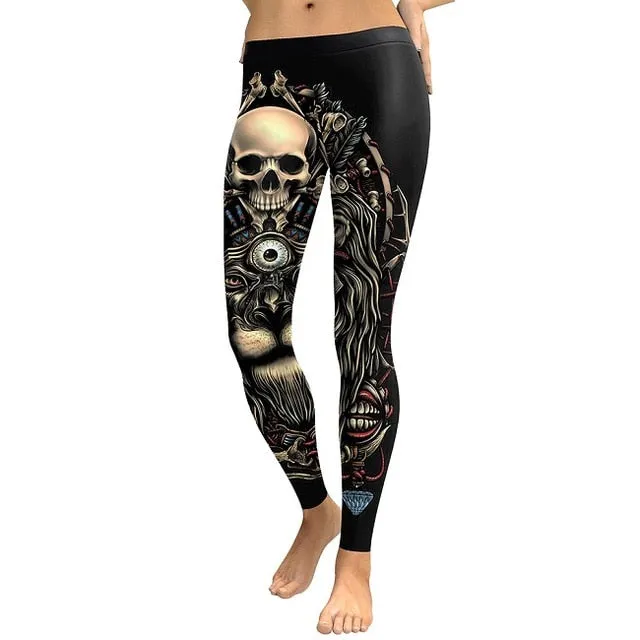 New Design Leggings Women Skull Head Digital Print Rose Fitness Leggins Plus Size Elastic Workout Pants Legins