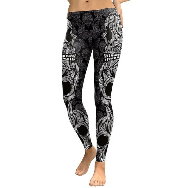 New Design Leggings Women Skull Head Digital Print Rose Fitness Leggins Plus Size Elastic Workout Pants Legins