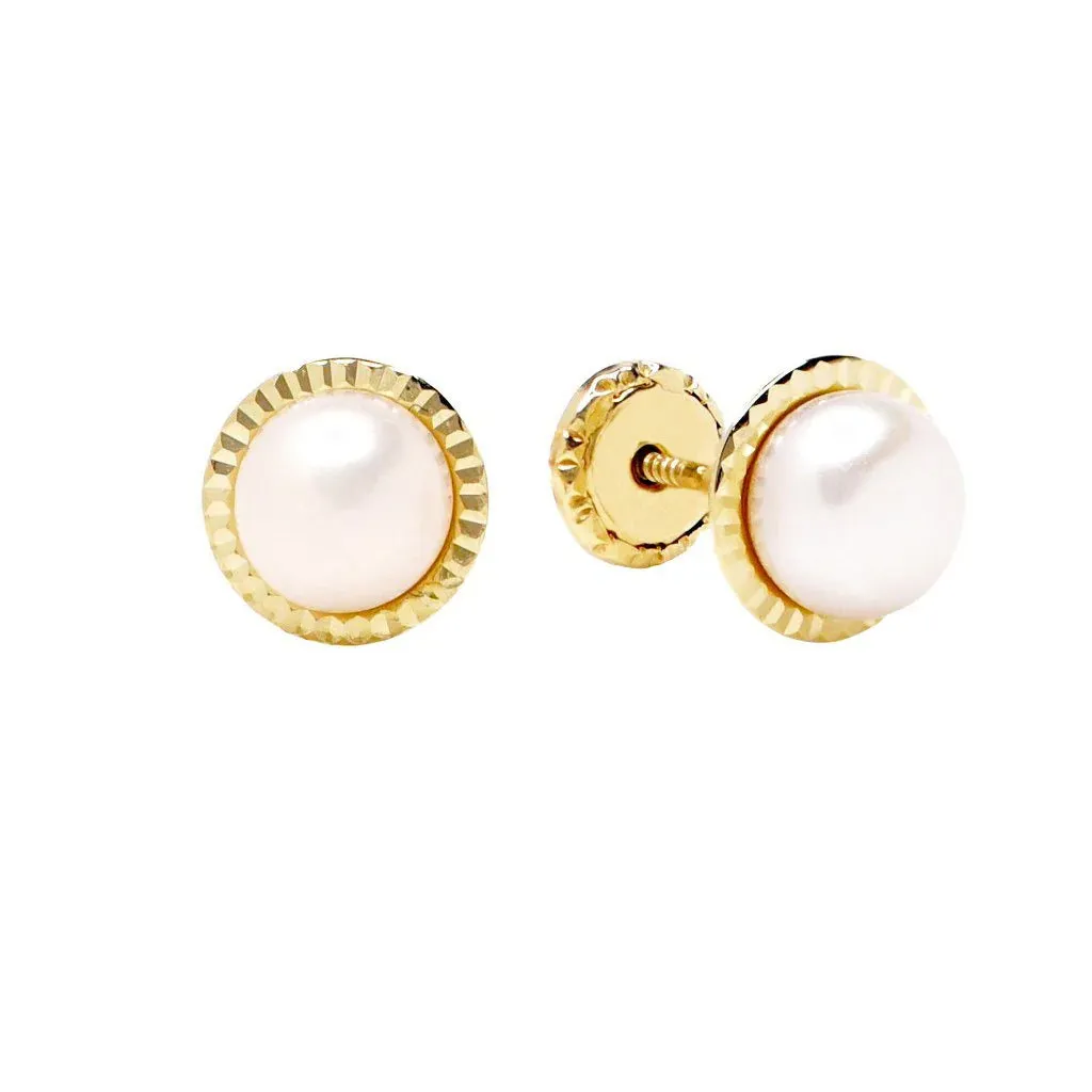 Pendientes Bebés Perla con Bisel Tallado 7mm Oro 9k