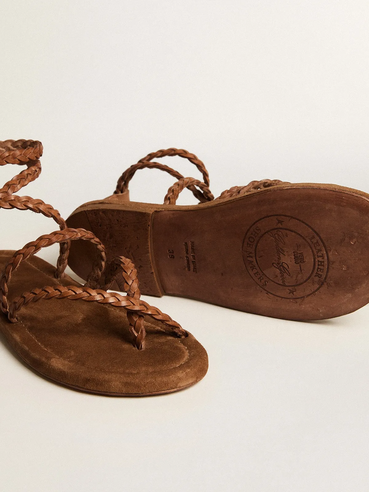 Penelope flat sandals in brown leather with suede sole