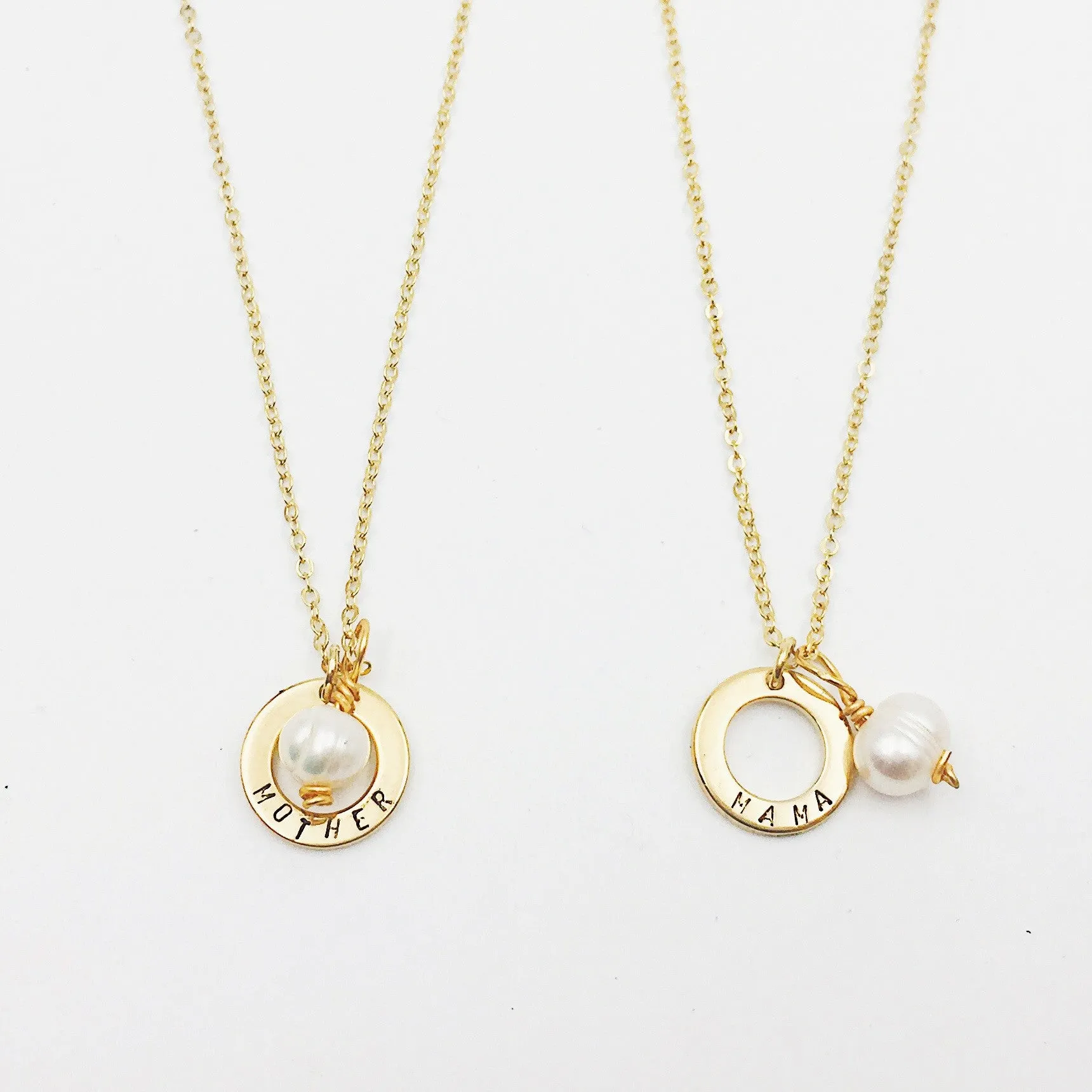 PRE-ORDER Lazer Engraved Ring with Pearl Dangle Gold Filled Necklace (8 characters)