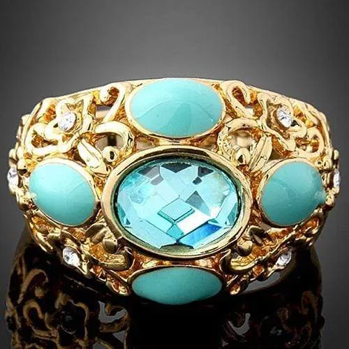 PRETTY !  18K GOLD PLATED CREATED BLUE TOPAZ DESIGNER RING