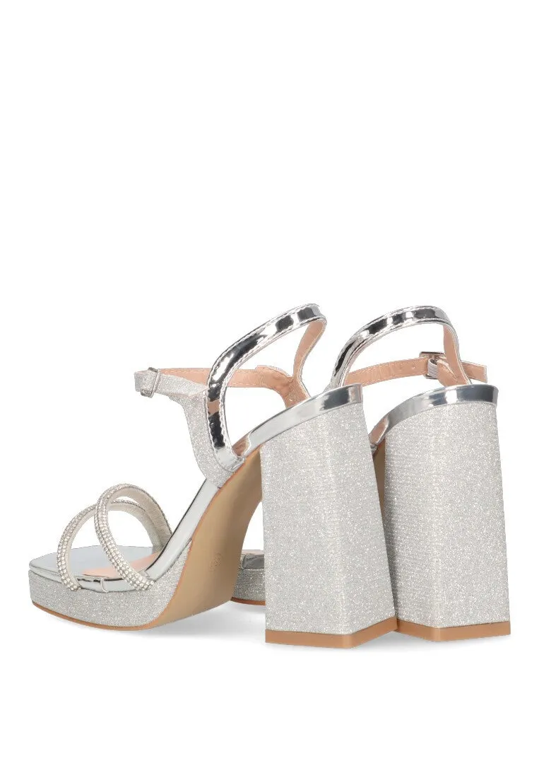 SANDALIAS BRILLO  DE FIESTA ETIKA PLATA CON TACN ALTO Y PLATAFORMA DE FIESTA PARA MUJER WINEGLASS