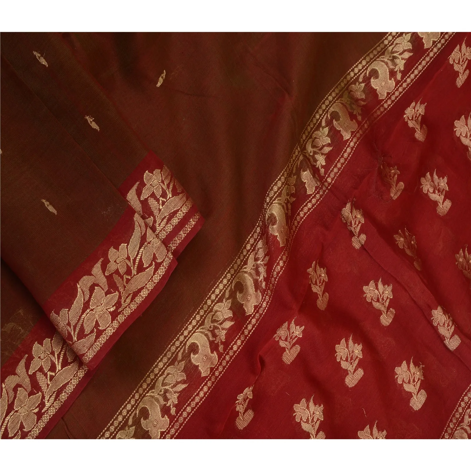 Sanskriti Vintage Brown/Red Long Dupatta/Stole Pure Silk Hijab Woven Scarves