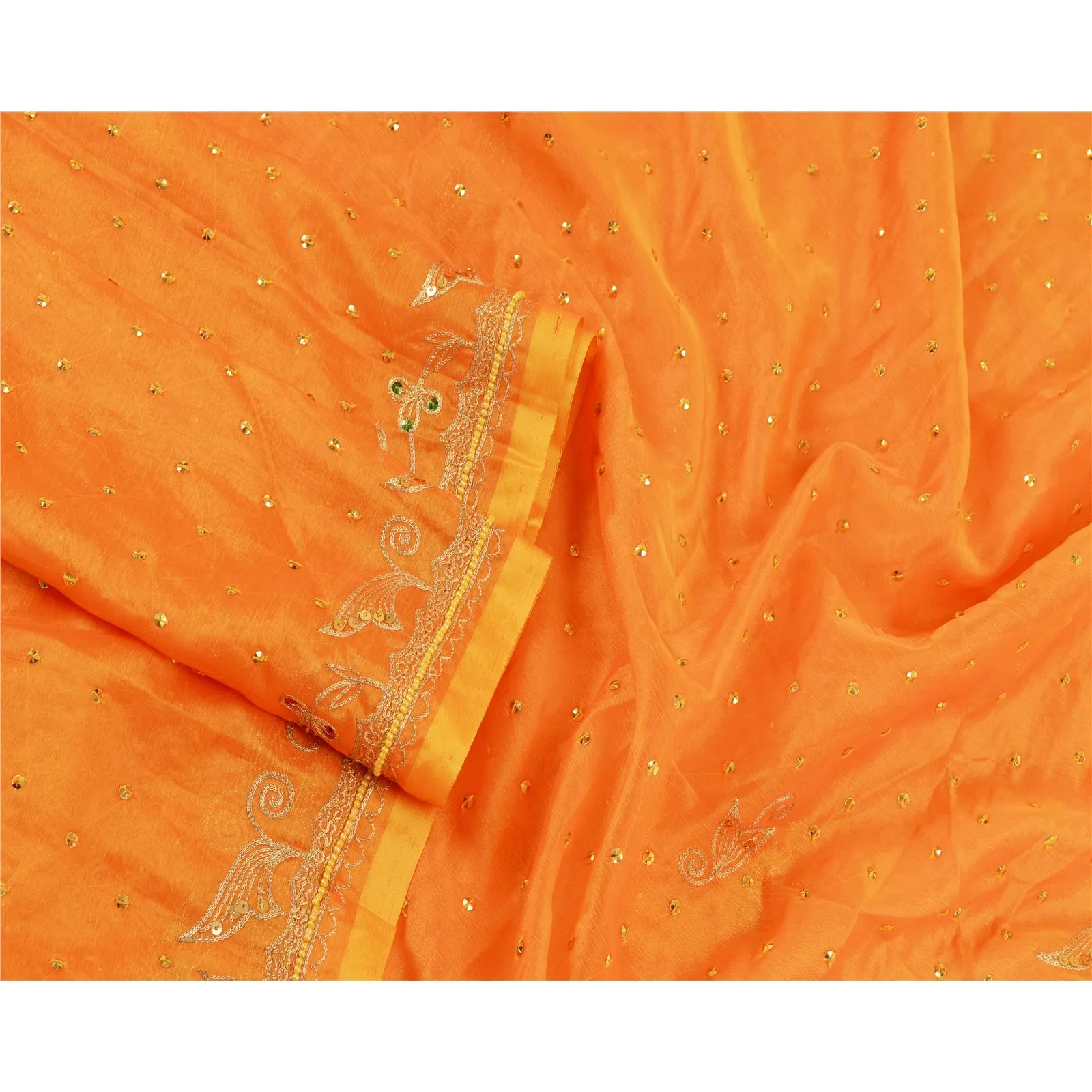 Sanskriti Vintage Dupatta Long Stole Art Silk Saffron Hand Beaded Wrap Scarves