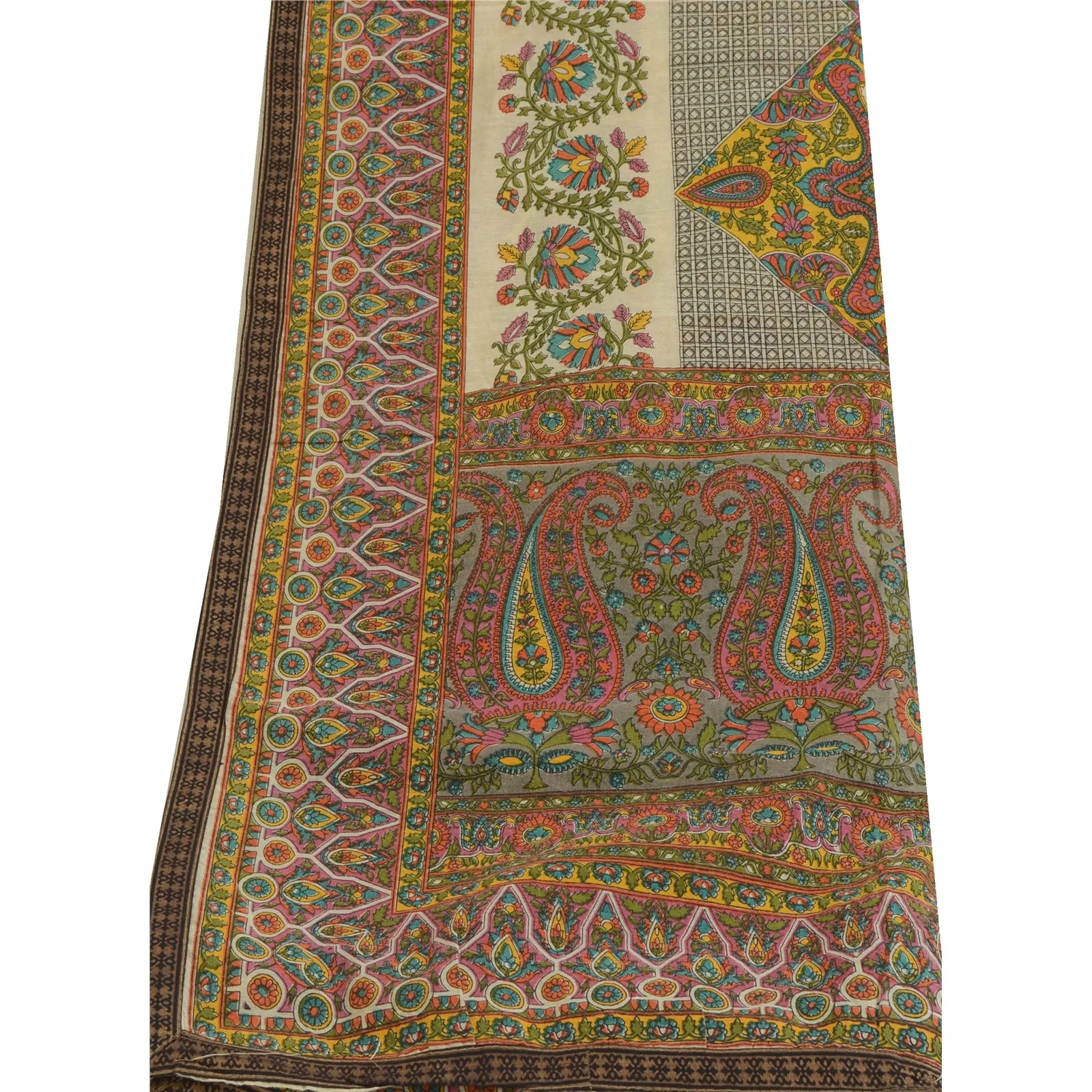 Sanskriti Vintage Ivory Long Dupatta Stole Cotton Veil Printed Wrap Scarves