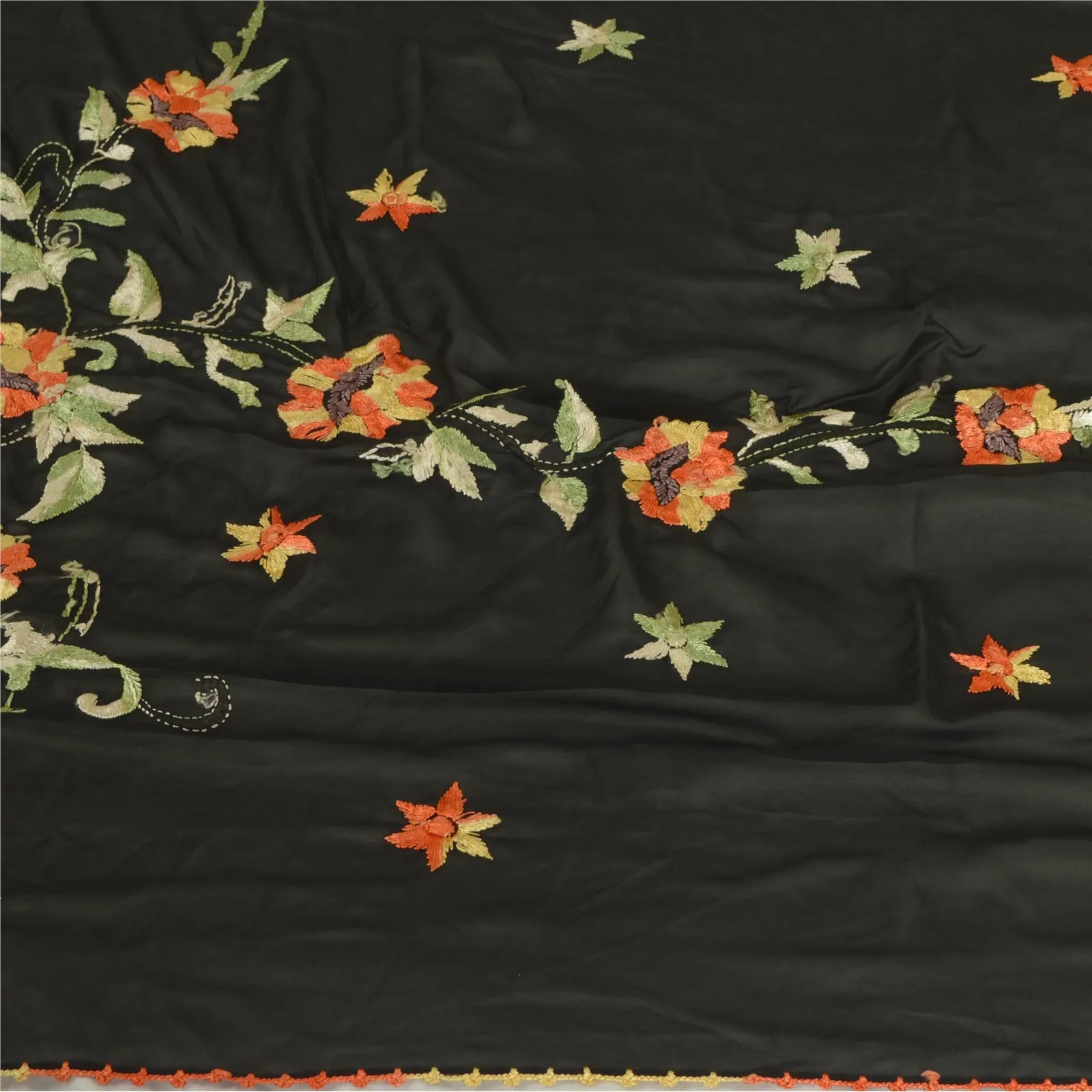 Sanskriti Vintage Long Black Dupatta/Stole Georgette Hand Embroidered Scarves