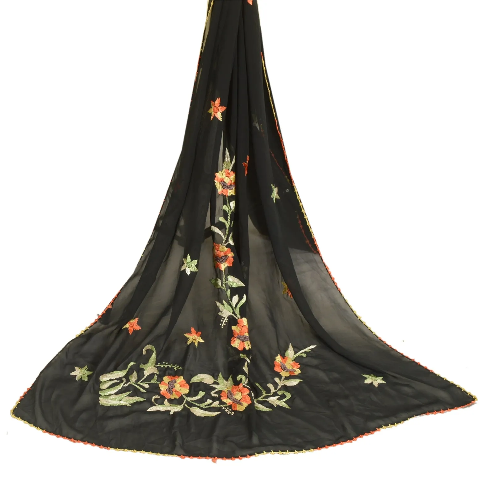 Sanskriti Vintage Long Black Dupatta/Stole Georgette Hand Embroidered Scarves