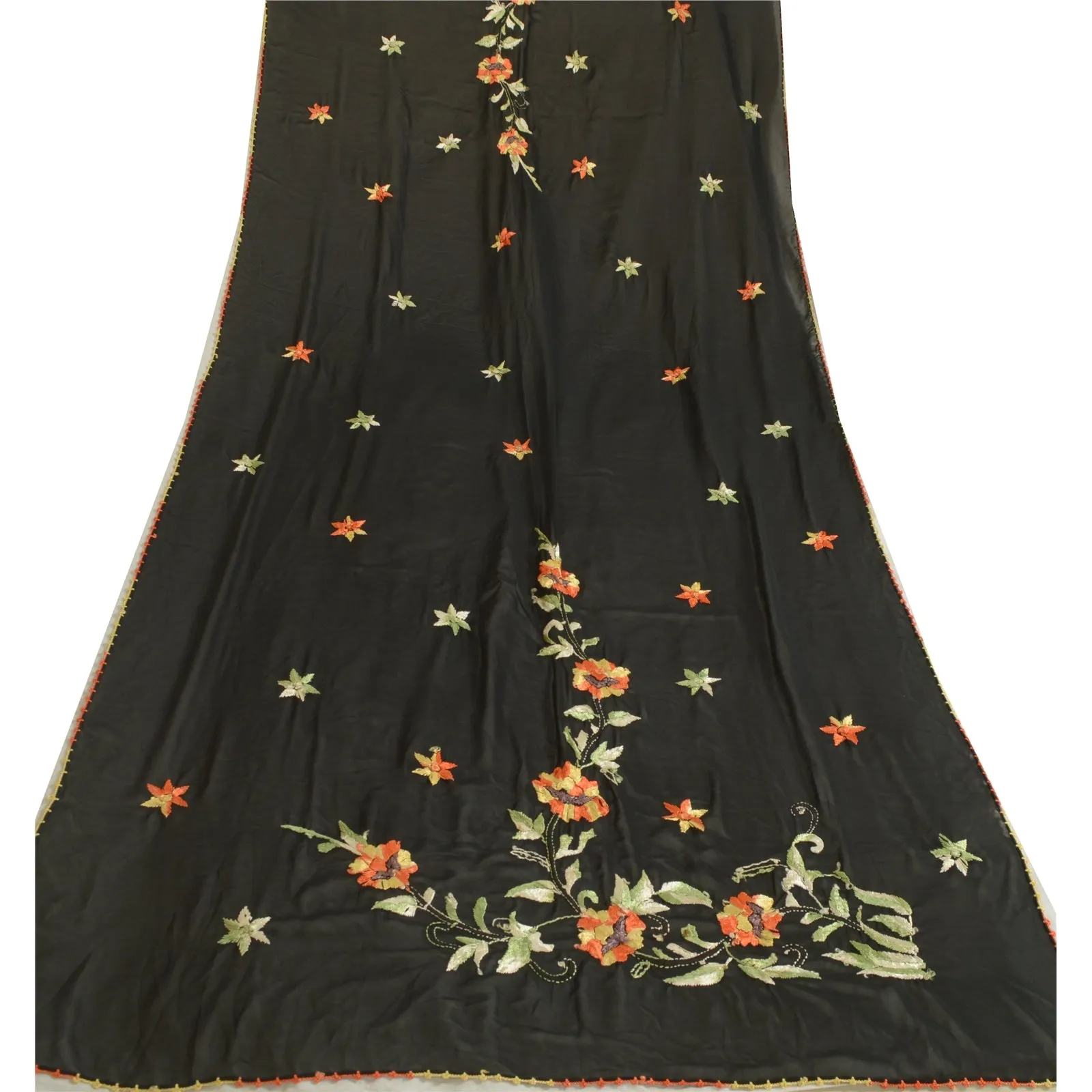 Sanskriti Vintage Long Black Dupatta/Stole Georgette Hand Embroidered Scarves