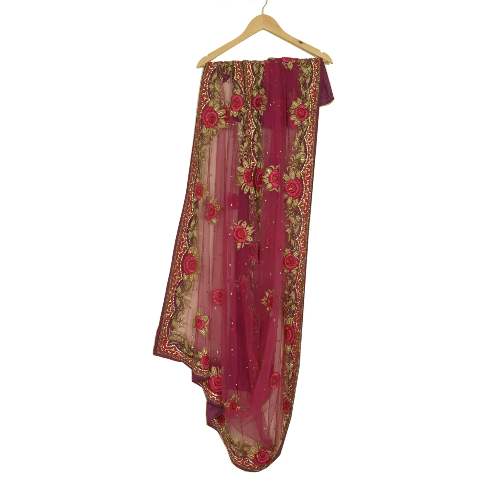 Sanskriti Vintage Magenta Long Dupatta Stole Net Mesh Hand Beaded Scarves