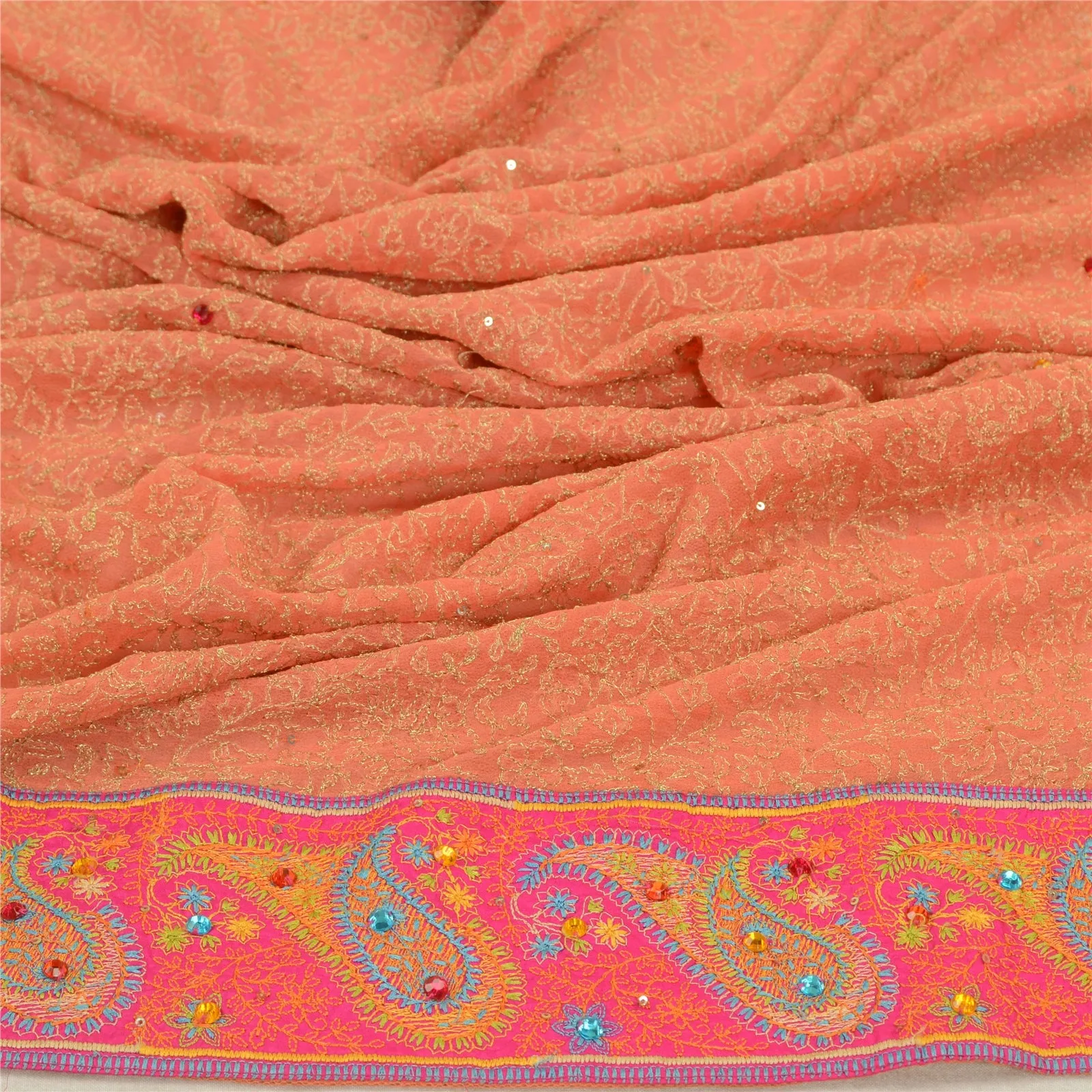 Sanskriti Vintage Peach Georgette Dupatta Long Stole Hand Beaded Wrap Scarves