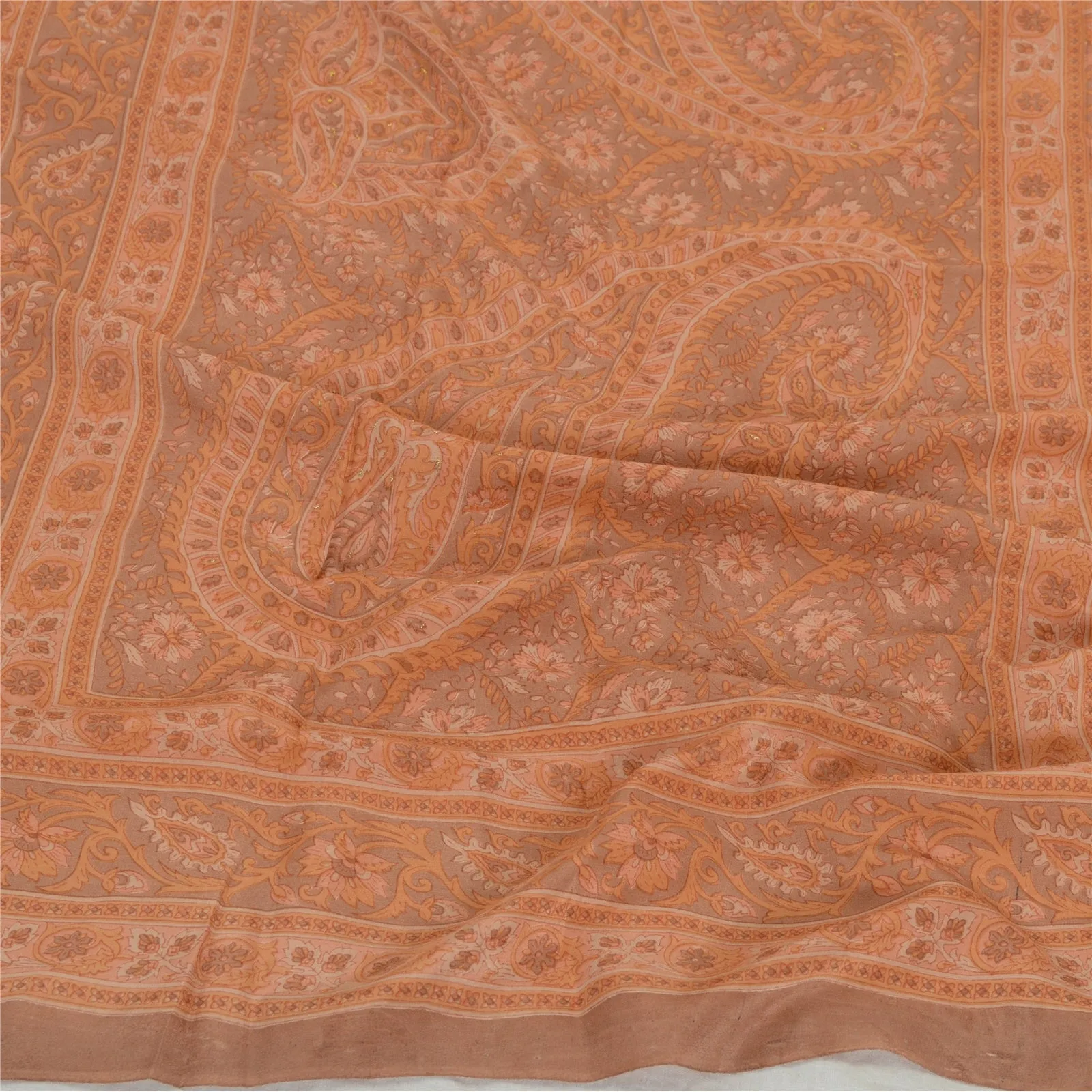 Sanskriti Vintage Peach Long Dupatta Stole Pure Crepe Silk Hijab Printed Scarves