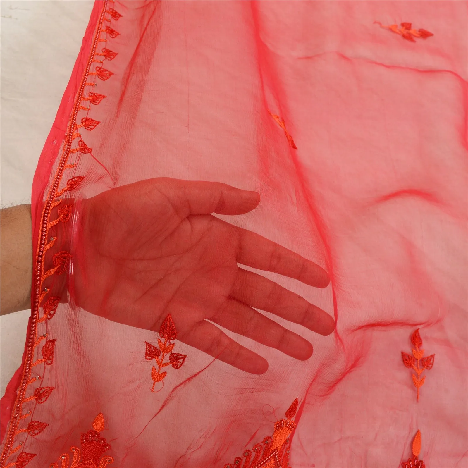 Sanskriti Vintage Red Long Dupatta Stole Pure Chiffon Silk Hand Beaded Scarves