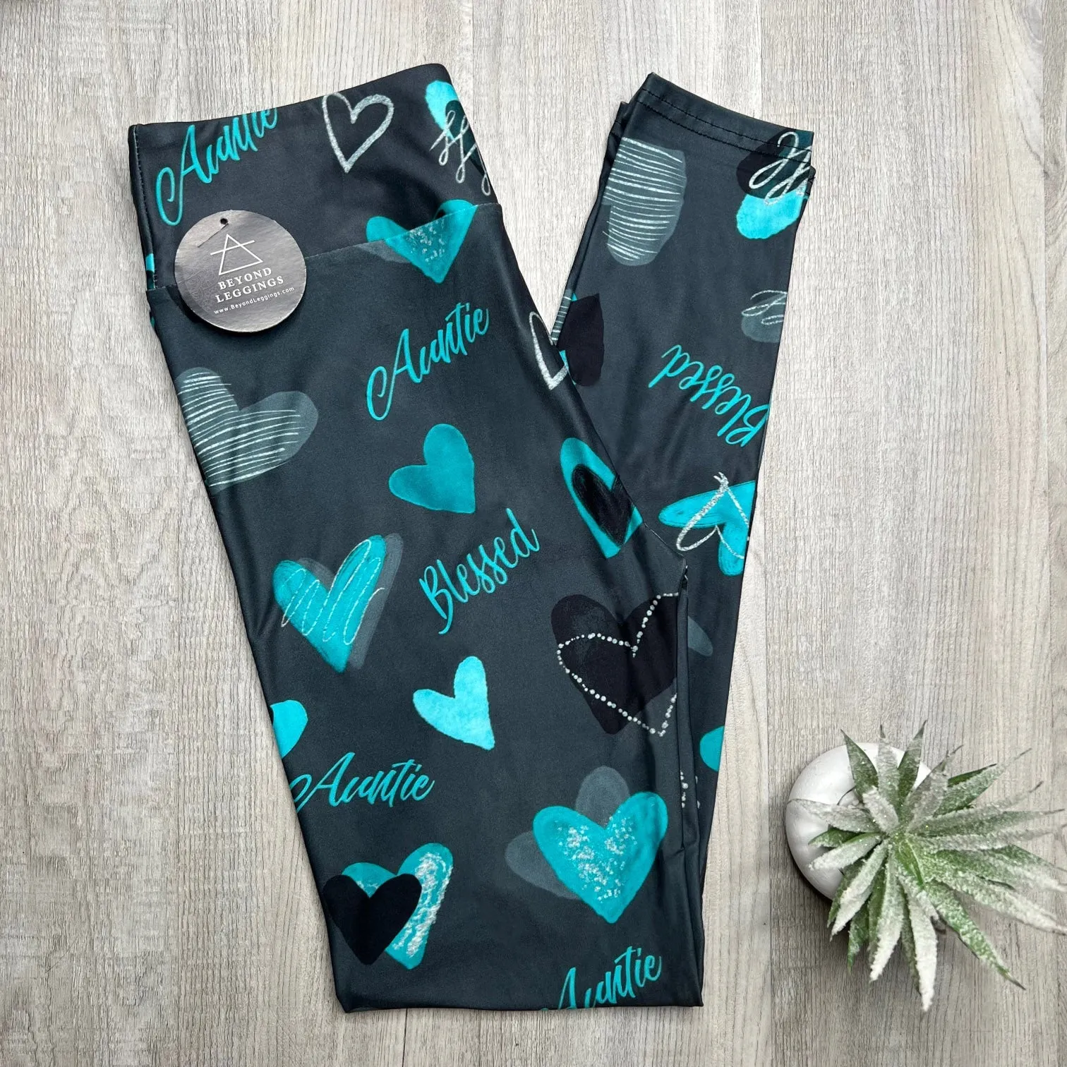 Teal Blessed Auntie Heart Leggings – Soft and Comforting High-Waisted Pants for Special Aunts