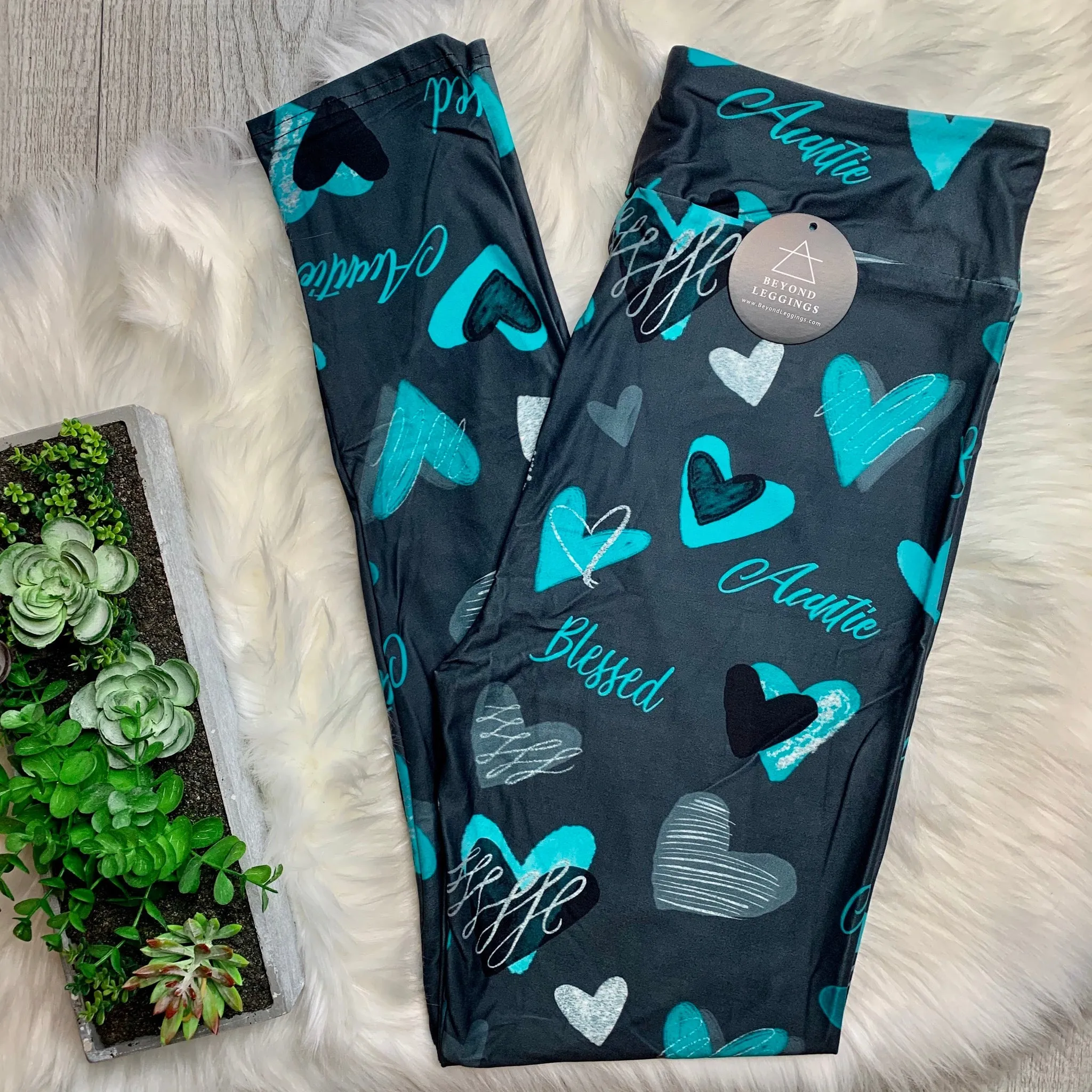 Teal Blessed Auntie Heart Leggings – Soft and Comforting High-Waisted Pants for Special Aunts