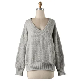 V-Neck Puff Sleeve Cable Knit Sweater (Grey)