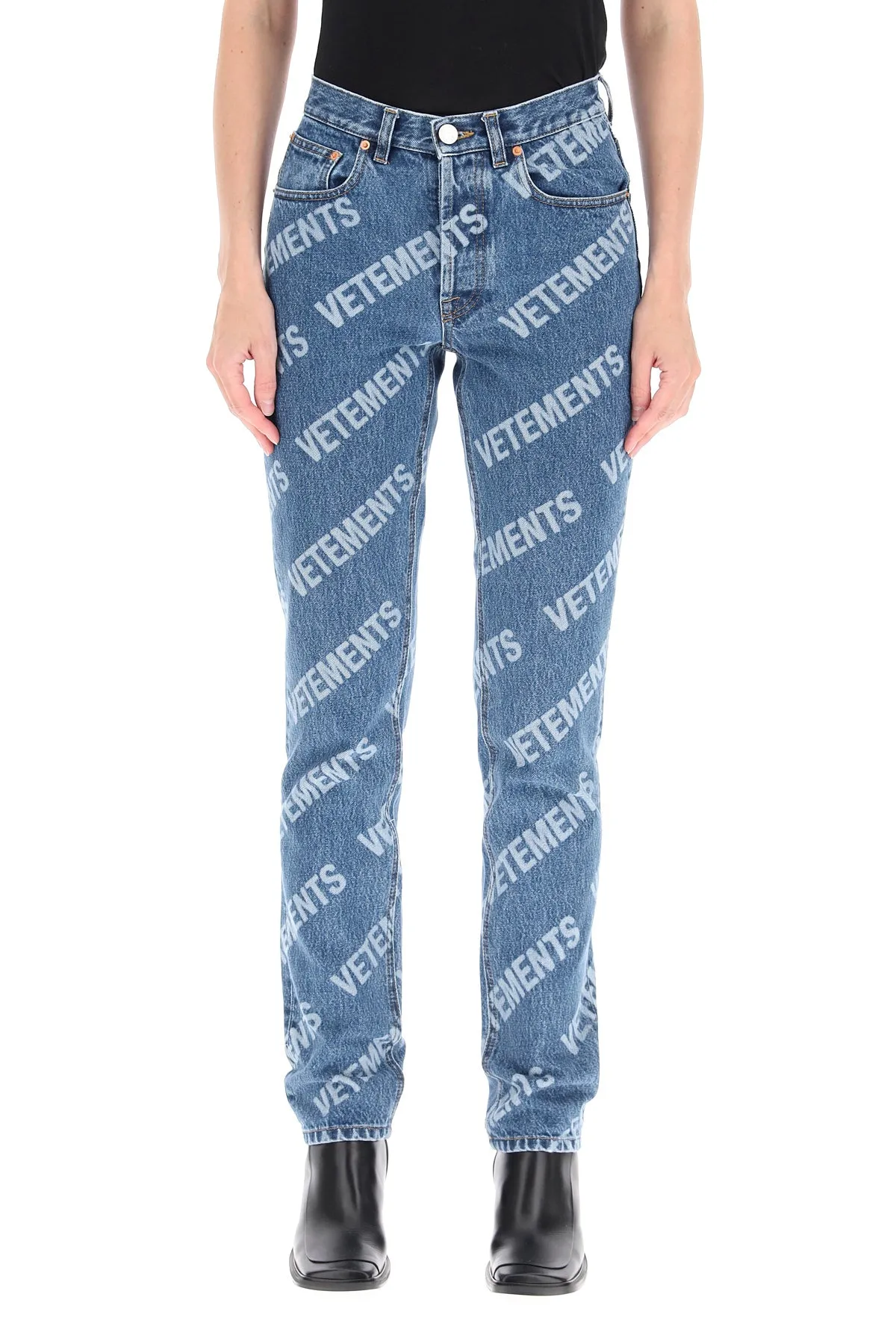 Vetements Allover Logo Printed Straight Leg Jeans