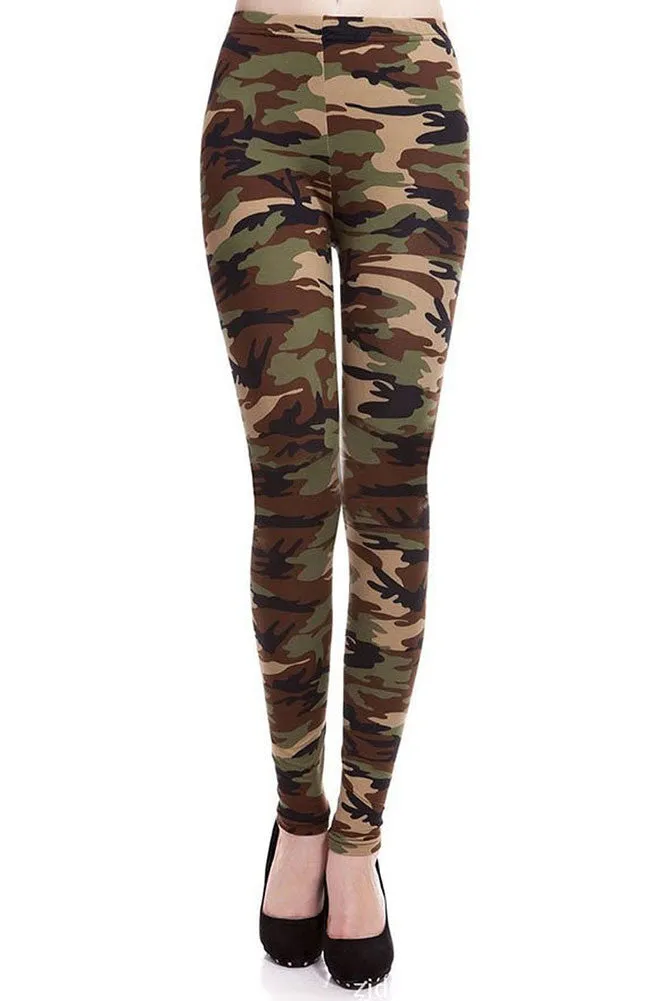 Women's Regular Light Military Camouflage Pattern Print Leggings - Olive Maroon Black