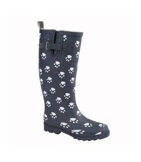 Womens/ladies paw print tall wellington boots navy blue StormWells