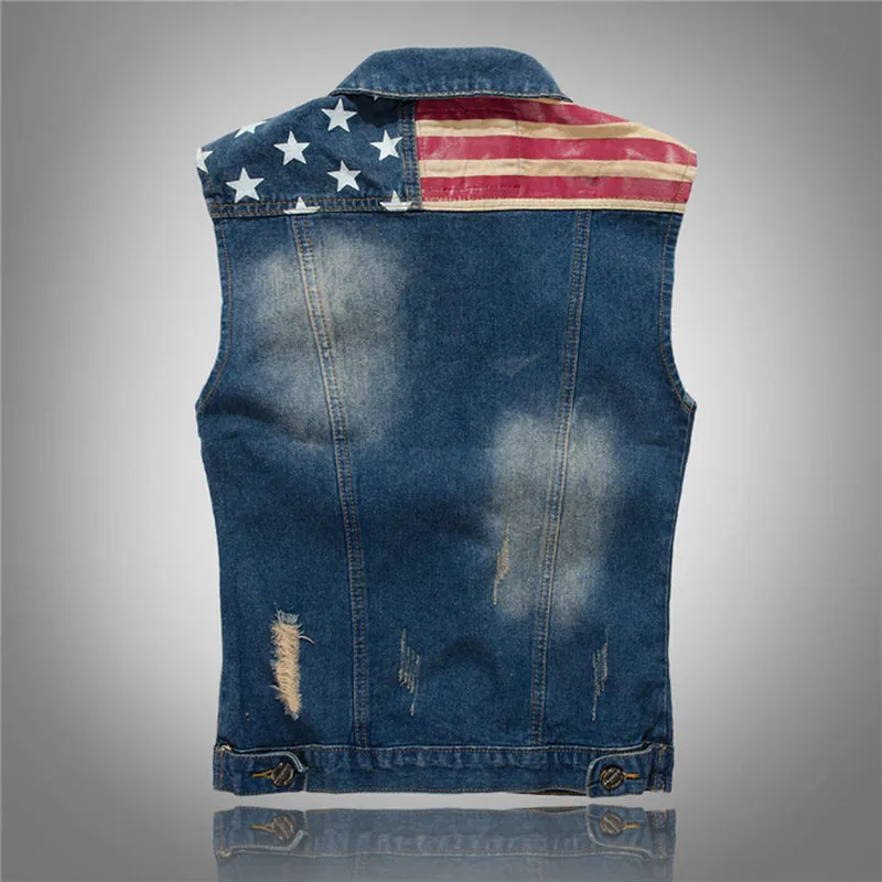 Xituodai Men's Vest Jacket Pleated Design Denim Vest America Flag Blue Waistcoat Sleeveless Jeans Jackets Hip Hop Jean Coats MJ1