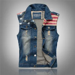 Xituodai Men's Vest Jacket Pleated Design Denim Vest America Flag Blue Waistcoat Sleeveless Jeans Jackets Hip Hop Jean Coats MJ1