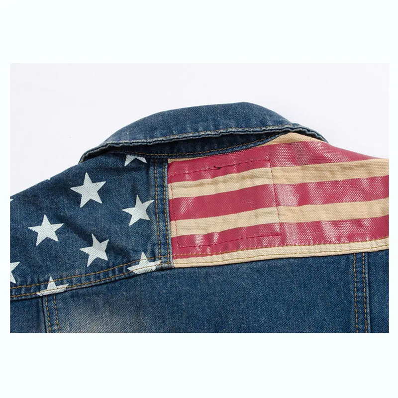 Xituodai Men's Vest Jacket Pleated Design Denim Vest America Flag Blue Waistcoat Sleeveless Jeans Jackets Hip Hop Jean Coats MJ1