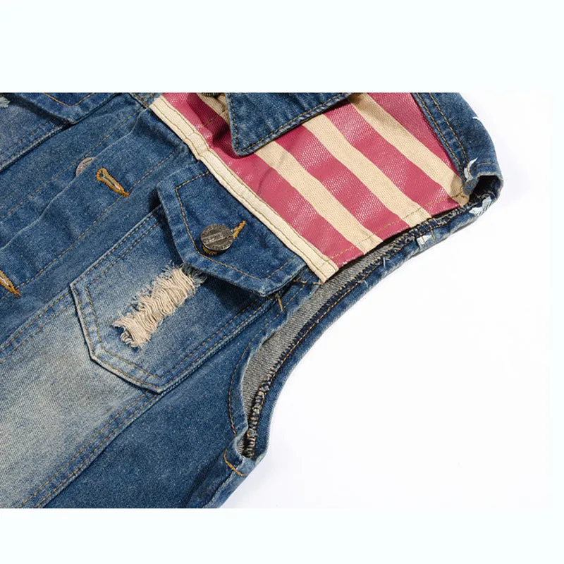 Xituodai Men's Vest Jacket Pleated Design Denim Vest America Flag Blue Waistcoat Sleeveless Jeans Jackets Hip Hop Jean Coats MJ1